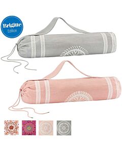 Yogamattentaschen in Grau und Rosa. Unten sind  die vier verschiedenen Farbkvarianten als kleines Quadrat.
