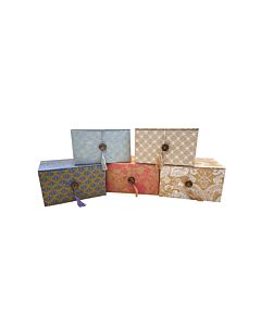 Five boxes with different patterns in different colours. Three next to each other, two in the middle above.
