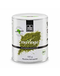 weiße geschlossene Dose mit Aufschrift und Foto von Moringa Pulver