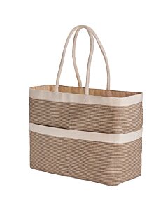 Große Jutetasche mit sandfarbenen Band und Henkeln.