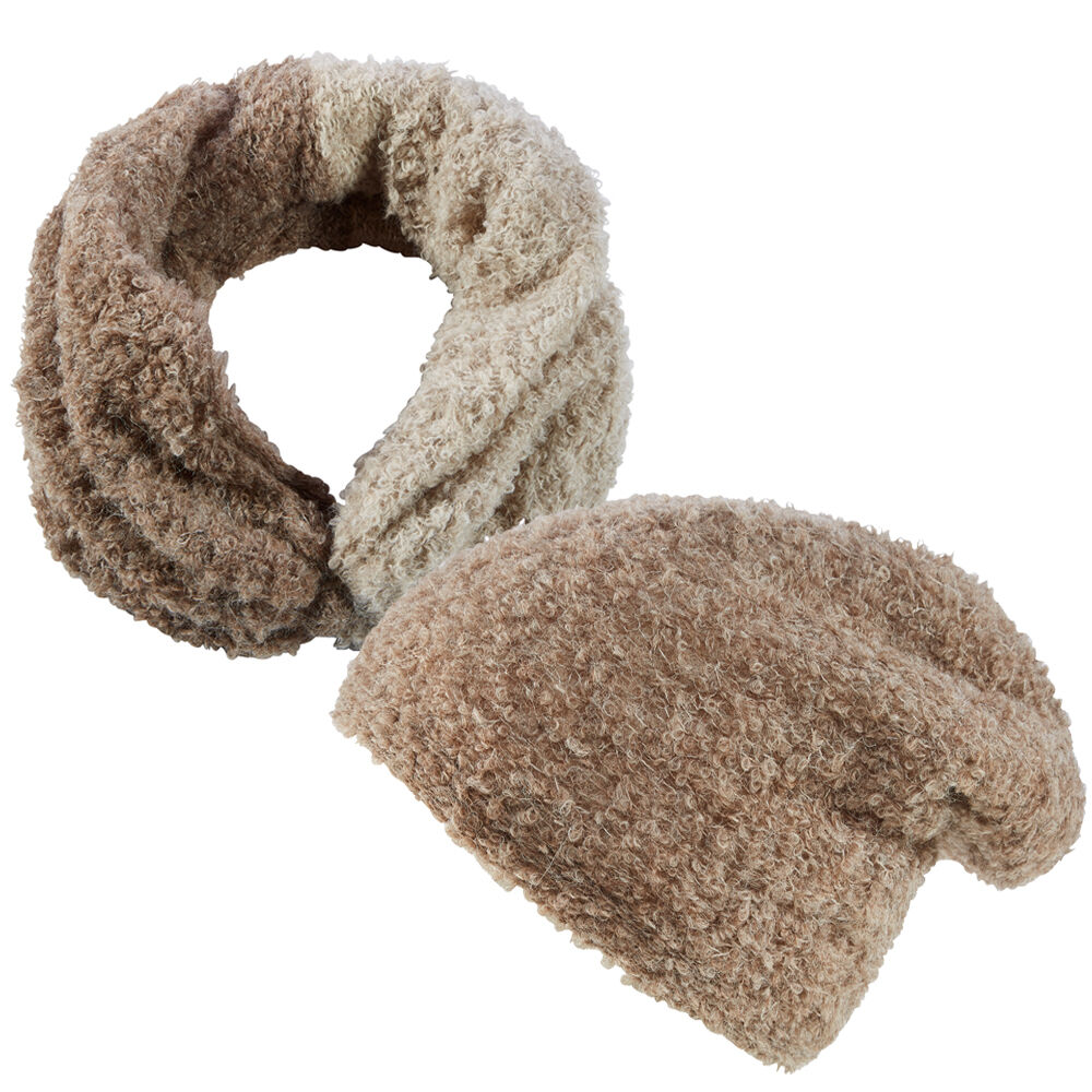 Bouclé-Mütze, Doppelseitig, hellbraun/beige