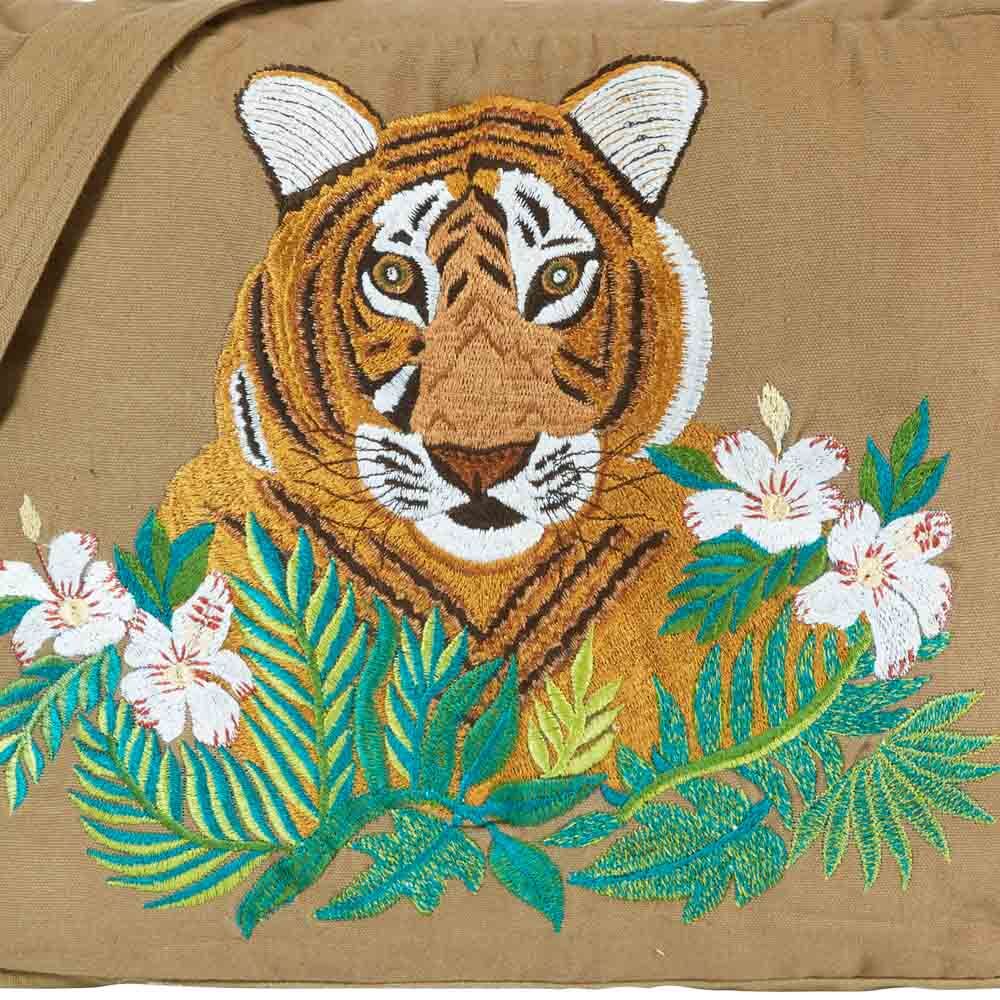 Messenger Bag mit Stickerei, Tigerkopf, reine Baumwolle