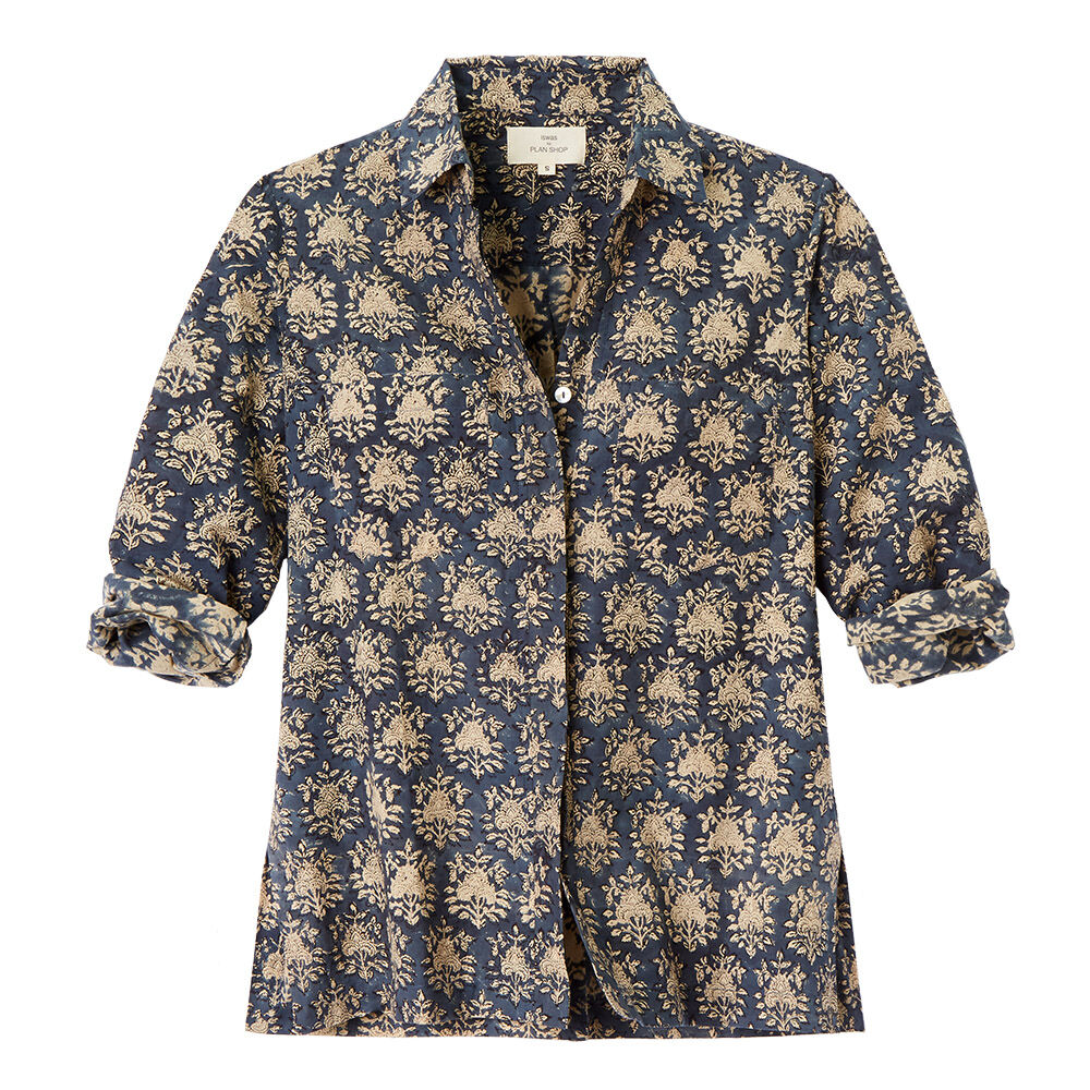 Bluse mit Print, reine Baumwolle, indigo gefärbt