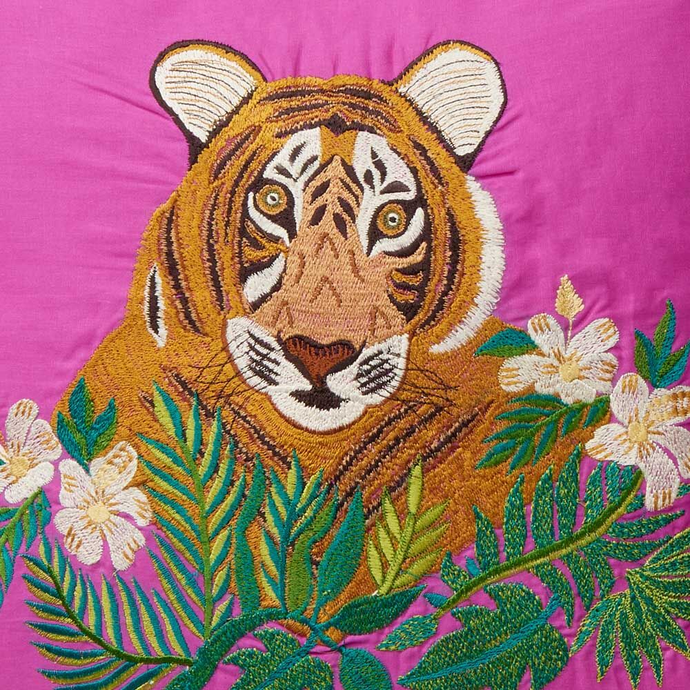 Kissenhülle mit Stickerei, pink, reine Baumwolle, Tigerkopf