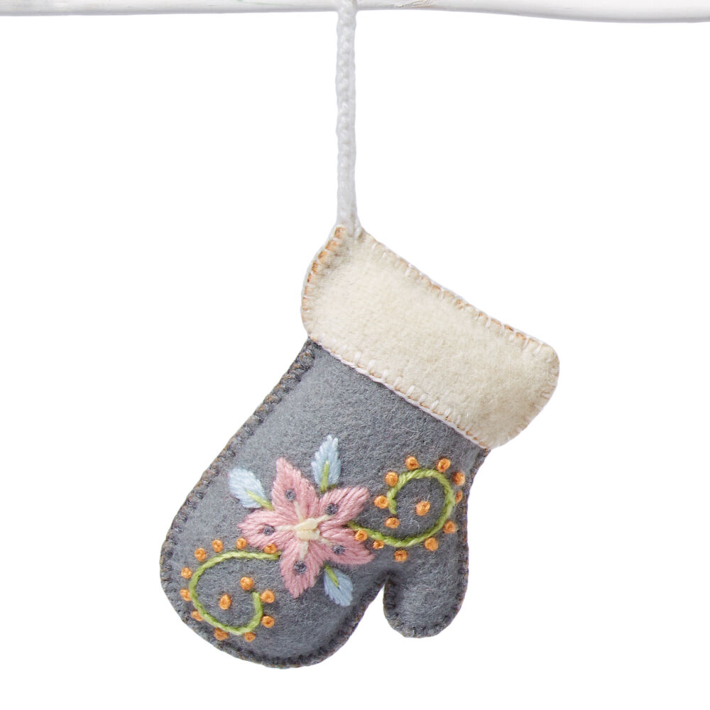 Deko-Anhänger Handschuh, bestickt, grau/weiß, Wolle