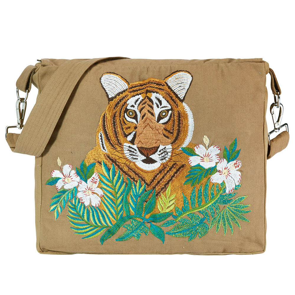 Messenger Bag mit Stickerei, Tigerkopf, reine Baumwolle