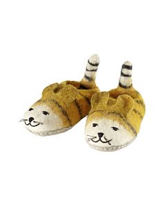 Pantoffeln in gelb und naturweiß im Tigerdesign. Mit Gesicht, Ohren, Streifen und Schwanz.