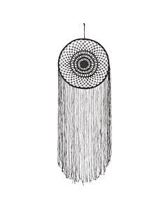 Reifen mit geknüpftem Netz in unterschiedlichen Mustern. Nach unten hängen Länge Sisalschnüre. 