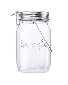 Einmachglas mit silbernen Verschluss/Deckel sowie der Aufschrift "Sonnenglas"