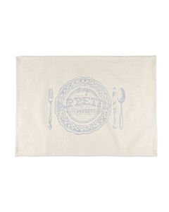 weißes Platzset mit mittigem Aufdruch eines hellblauen Tellers und Essbesteck in der gleichen Farbe