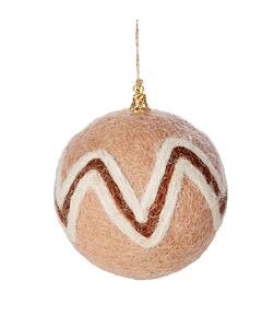 Wollige Weihnachtsbaumkugel in beige mit Zackendesign in natur und braun. Aufhängung goldfarben.