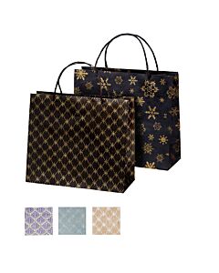 zwei schwarze Papier Geschenktaschen mit unterschiedlichem Muster und Henkeln, darunter sind andere Farbein (lila, türkis und beige) abgebildet