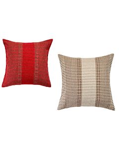 two chequered alpaca cushions, red on the left and brown on the right