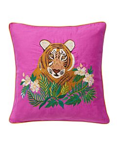 pinkes 50x50 cm Kissen mit einem gesticktem Tigerkopfmotiv, der Tiger befindet sich hinter bestickten Blumen