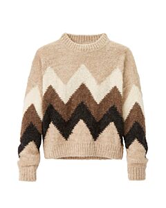 beiger Wollpullover mit weiß-braunem-schwarzem Zick-Zack-Muster