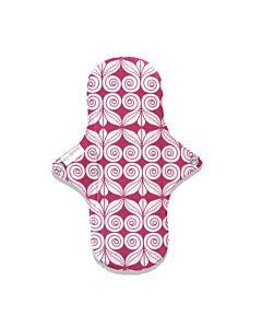 rot-weiß gemusterte Stoff- Menstruationsbinde. Man sieht an den Flügeln einen Druckknopf
