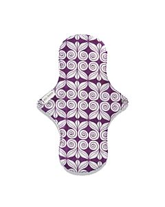 lila-weiß gemusterte Menstruationsbinde, an den Flügeln befinden sich Druckknöpfe