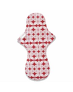 rot-weiß gemusterte Stoff- Menstruationsbinde. Man sieht an den Flügeln einen Druckknopf