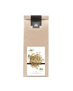 braune Teetüte mit Etikett, welches Moringa Blüten zeigt