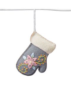 grauer Deko Wollanhänger Handschuh mit bunter Blumenstickerei und weißem Rand