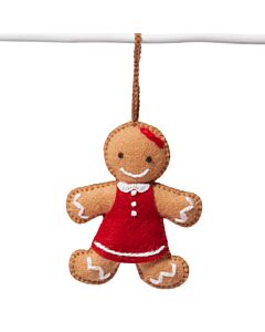 Anhänger einer Lebkuchenfrau aus Wolle mit rotem Kleid
