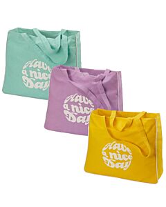 drei  Canvastaschen mit  weißer  Aufschrift in den Farben Mint, Lila und Gelb