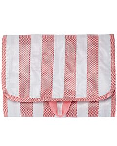 ungeöffnete Kulturtasche, weiß-rosa gestreift. Vorderansicht