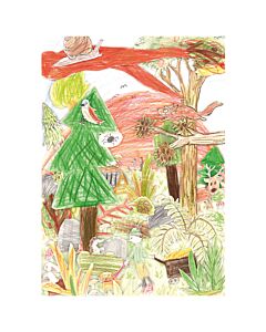 Foto eines von einem Kind gezeichneten Waldes  mit verschiedenen tierischen Waldbewohnern