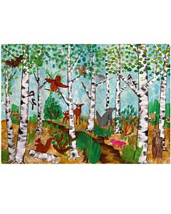 von einem Kind gezeichnete Karte eines Birkenwalds mit verschiedenen Tieren