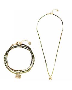 Halskette mit Elefantenanhänger, Labradoritperle, Glasperlen in verschiedenen Gold-/Grüntönen.