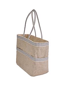 Tasche naturfarben, rundum sind sechs Außentaschen. Kante und obere Kante  mit gestreifter Borte.