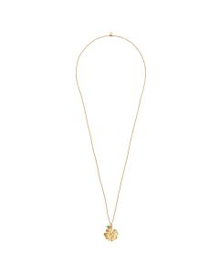 Halskette mit kleinem, grünem, rundem Aventurin und einem größeren vierblättrigen Klettverschluss-Anhänger. Die lange Halskette besteht aus aufgefädelten, facettierten Messingperlen.