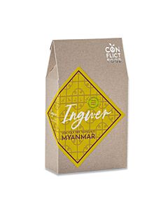 braune Papiertüte mit gelbem Etkett und der Aufschrift: Ingwer Myanmar