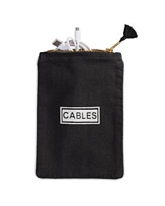 Kabeltasche mit Reißverschluss und Aufdruck. Zur Veranschaulichung schaut ein Kabel hervor.
