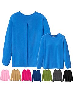 Kaschmirpullover in royalblau. Rückansicht mit Rückenfalte und kleinere Vorderansicht. Darunter die anderen Farben als kleine Pullover.