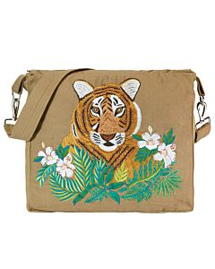 Tasche mit Gurt  und einem gestickten Tigerkopfmotiv der sich hinter gestickten exotischen Blumen befindet