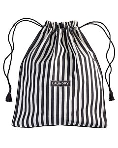 Schwarz/weiß gestreifter Beutel mit Kordelzu, an den Enden jewels mit einer Quaste.