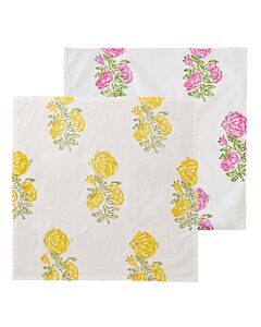 Serviette  mit gelbem Motiv ausgebreitet , dahinter versetzt die Serviette mit rosa Motiv.